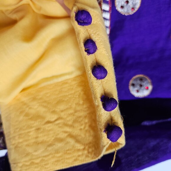 Purple custom ensemble with yellow contrast pajama, gold accents and red dupatta - Picture 3 of 4